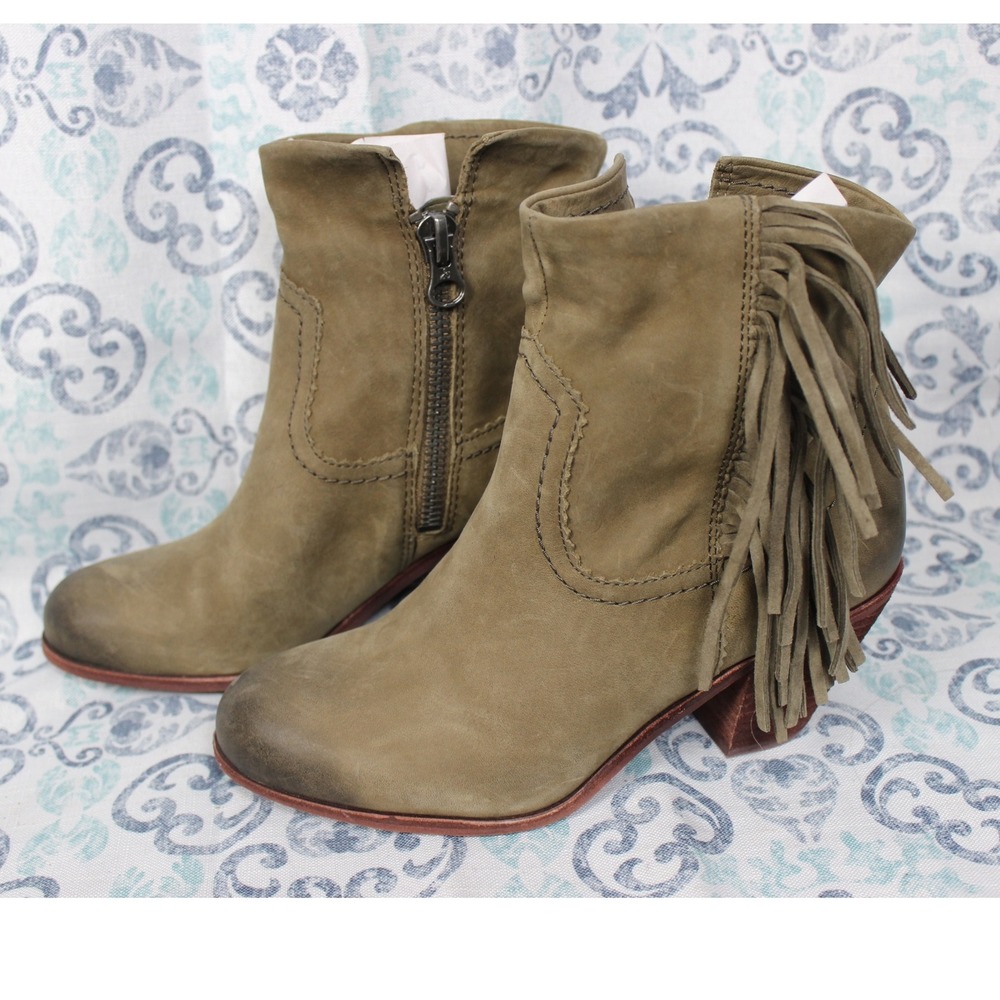 Sam Edelman Suede Fringe Ankle Boots‎ Side Zip Block Heel Boho Western Size 7